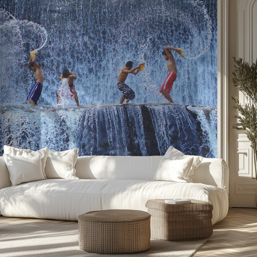 Boys Splashing Waterfall