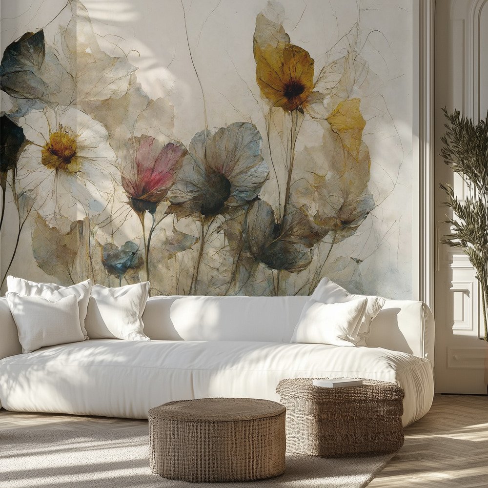 A dining or entertaining space styled with soft wildflower wallpaper behind a white sofa, giving the room a warm and elegant floral backdrop.