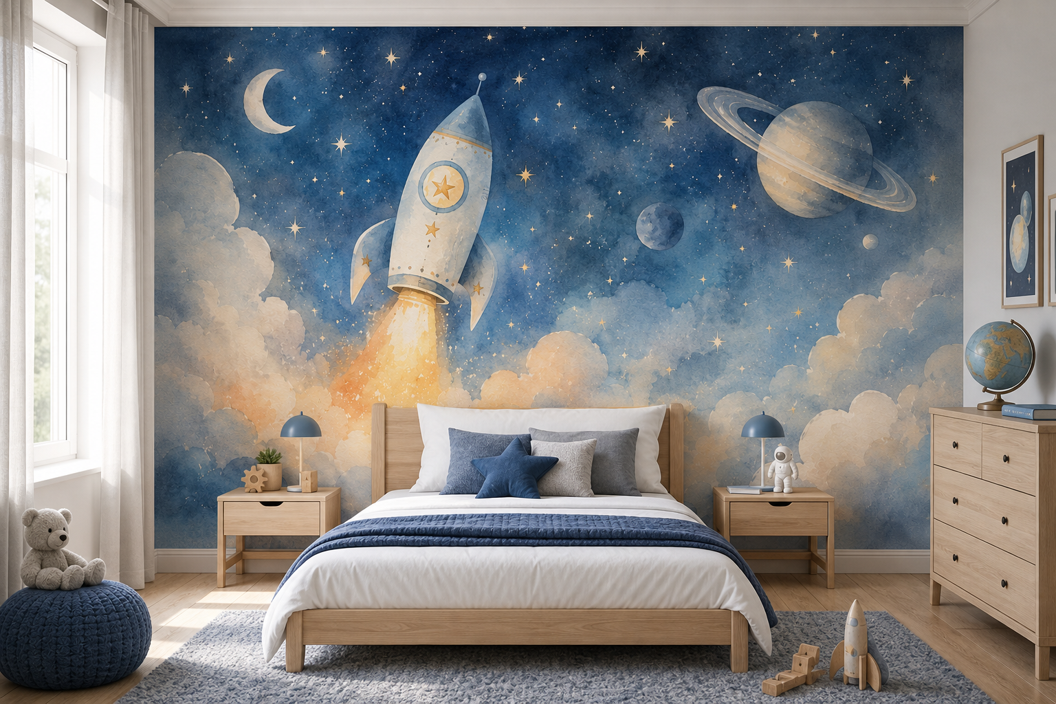 A boys' room wallpaper mockup with a moonlit rocket design floating through cloud seas, creating a playful space adventure theme.
