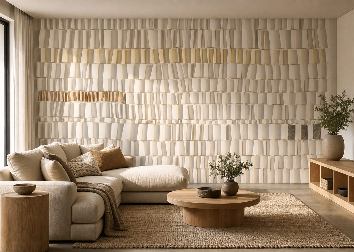 Modern neutral family lounge featuring Geometric Textured Blocks wallpaper on a large wall, where layered white, beige, and brown geometric forms add gentle pattern and texture behind a pale sectional and timber furniture.