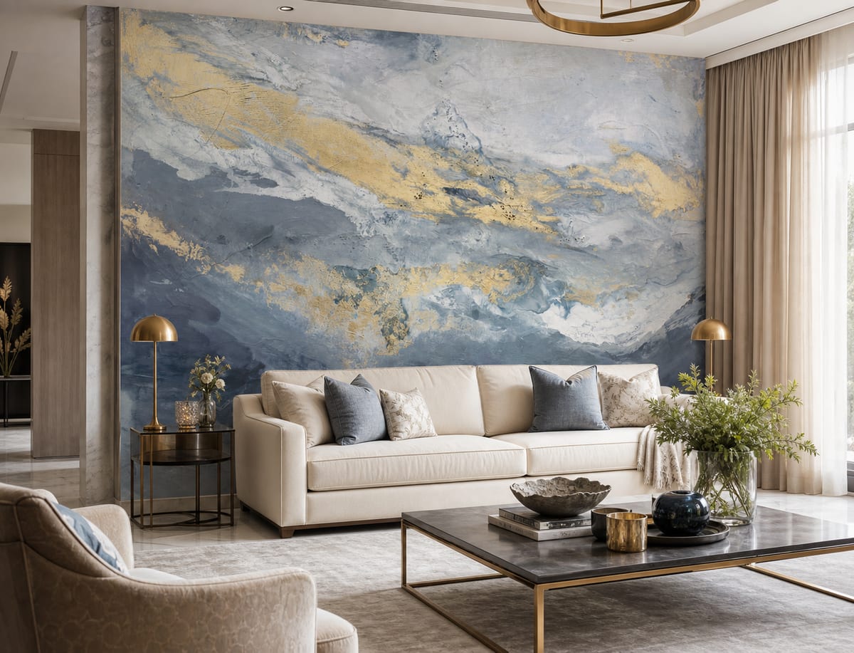 Sophisticated sitting room with Golden Ocean Waves wallpaper as a feature wall behind an ivory sofa, showing flowing blue and gold abstract movement that brings a refined focal point to the bright, elegant space.