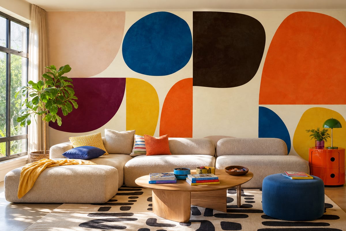 Contemporary family room with Vivid Bauhaus wallpaper spanning the main wall, where bold colorful abstract geometric forms brighten the space above modular seating and create an energetic, durable-looking backdrop.
