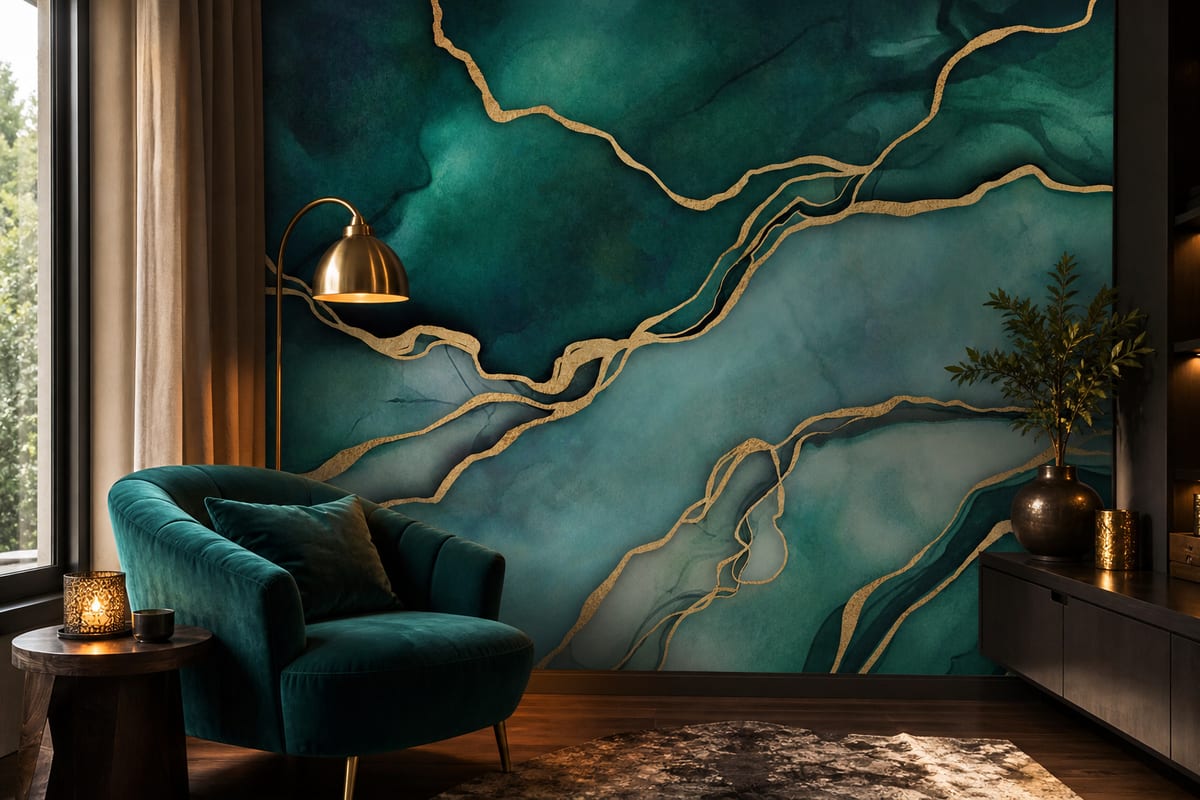 Moody reading room with Teal Gold Marble Pattern wallpaper behind a velvet chair, showcasing swirling turquoise and blue marble-like textures with gold-toned detail that transform the wall into a rich focal point.