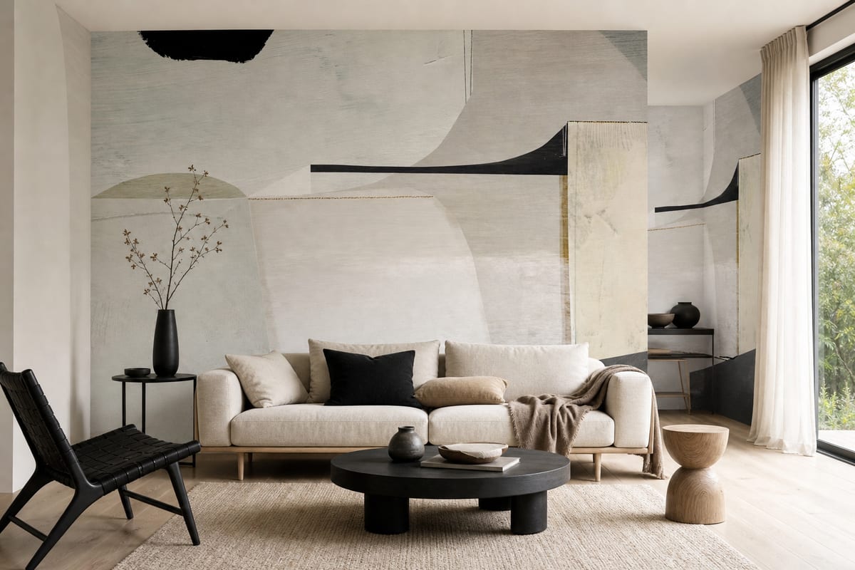 Scandinavian-inspired lounge with Guidance wallpaper in soft black, white, and neutral geometric lines behind a slim sofa, demonstrating a calm monochrome look suitable for either a feature wall or a more immersive all-over treatment.