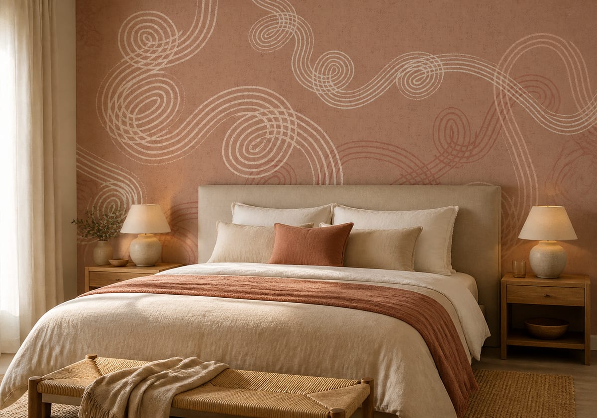 Calm bedroom with neutral linen bedding and an upholstered headboard set against soft abstract wallpaper with flowing earthy curves.
