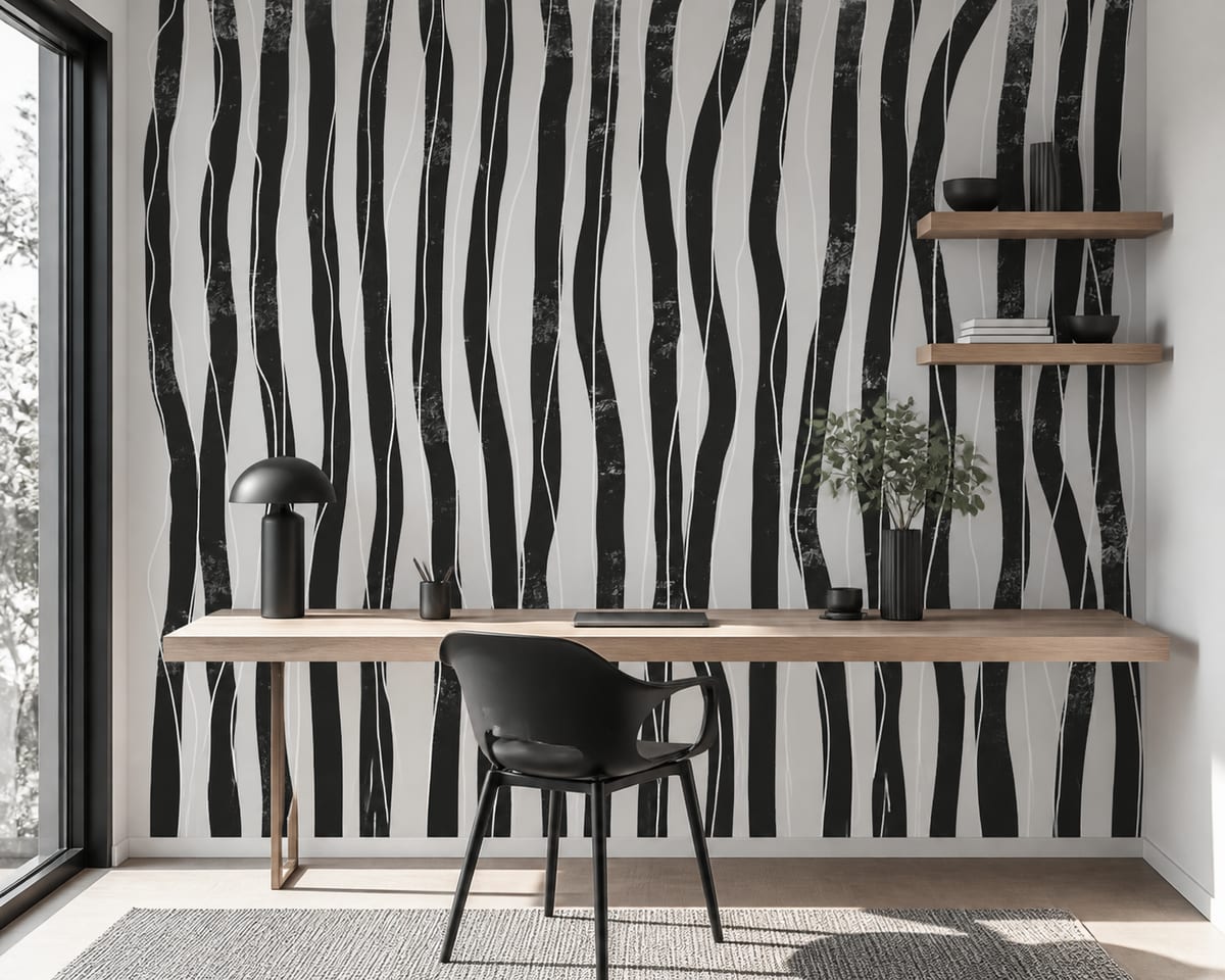 Minimal home office with a light wood desk and black chair against bold black and white striped geometric wallpaper.