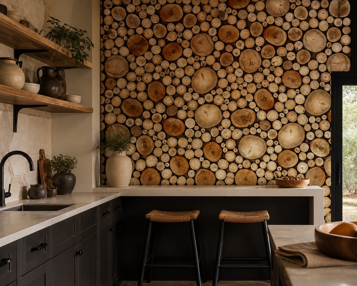Rustic-modern kitchen with matte cabinets and open shelves featuring statement wallpaper inspired by natural wood slice textures.