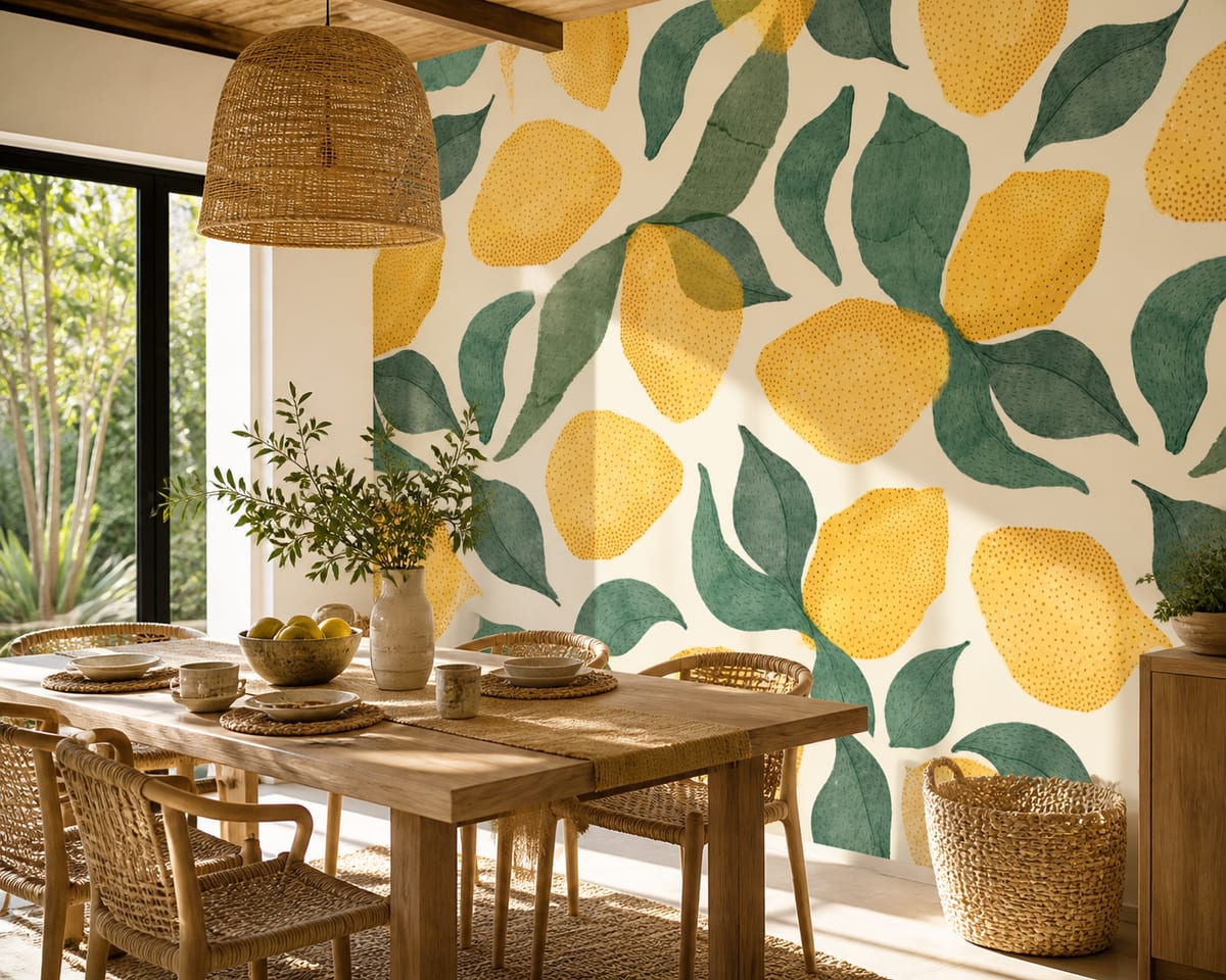 Sunny dining nook with woven chairs and a natural wood table set against vibrant tropical botanical wallpaper in green and yellow tones.