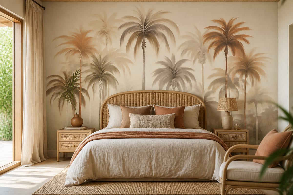A breezy South African-style bedroom with misty palm grove wallpaper, styled with a rattan headboard, earthy linen bedding, and natural woven accents for a relaxed yet restful feel.