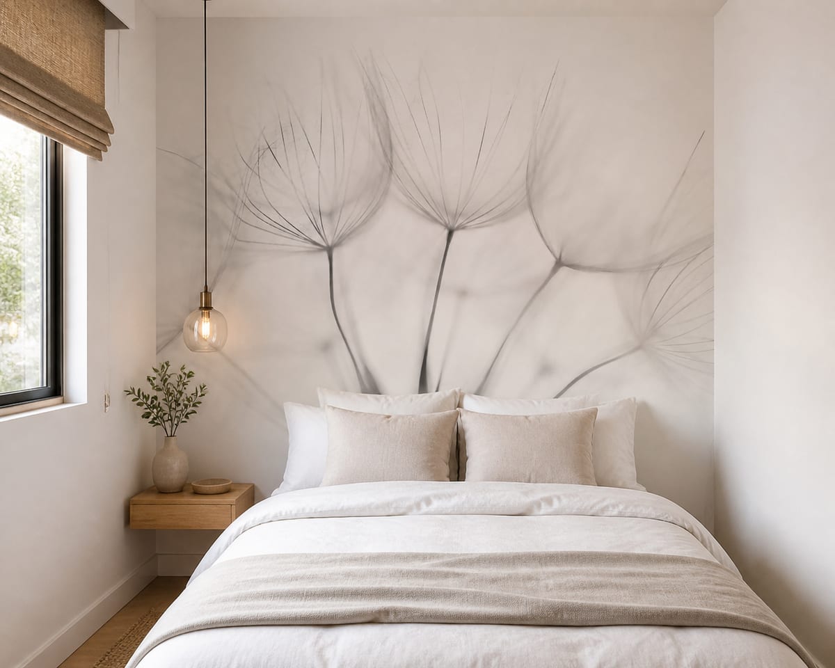 A small light-filled bedroom with delicate botanical wallpaper of airy seed heads on the feature wall, styled with simple white bedding, minimal furniture, and soft natural textures to make the space feel calm and spacious.