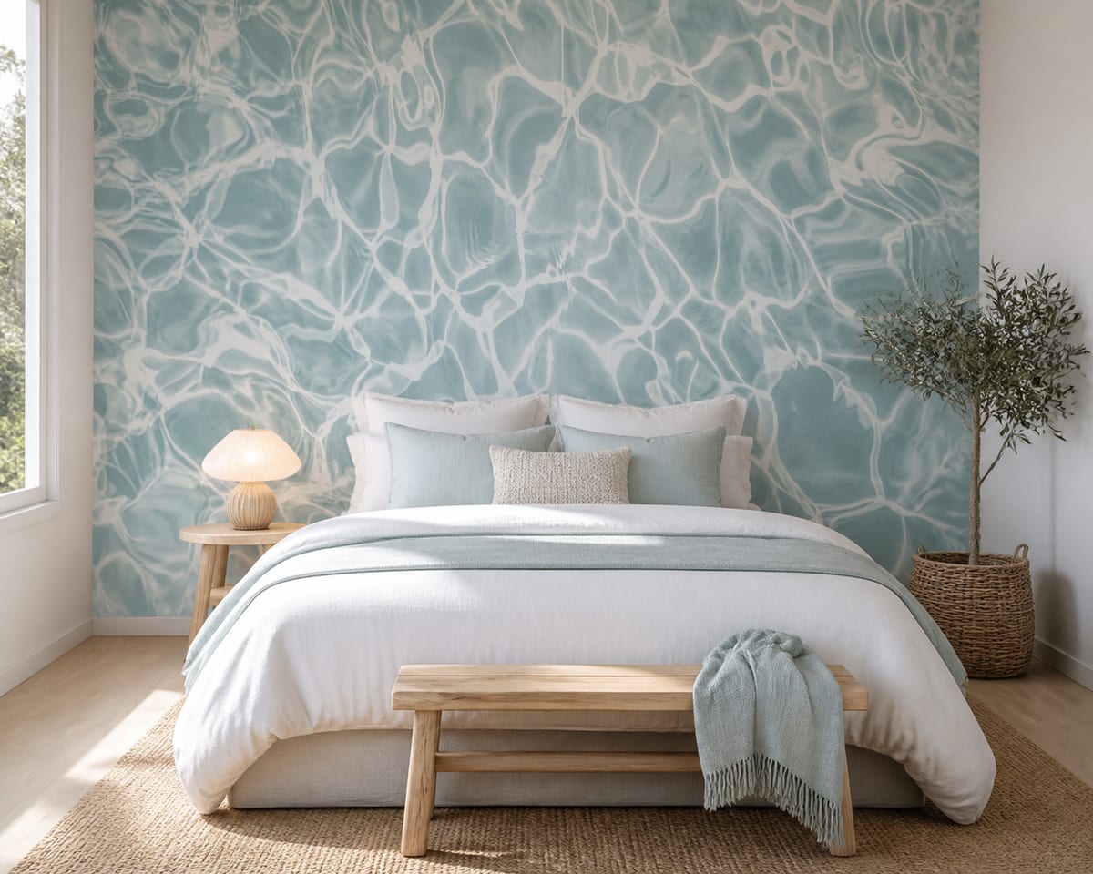 A soft modern bedroom with blue abstract water-inspired wallpaper behind the bed, paired with light wood floors, crisp white walls, and simple blue-toned bedding for a soothing, sleep-friendly setting.