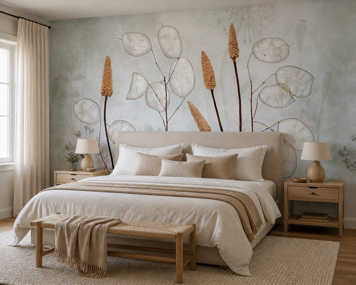 An elegant neutral bedroom with pale botanical wallpaper showing delicate lunaria stems behind the bed, complemented by layered ivory bedding, light timber furniture, and soft lighting for a restful retreat.