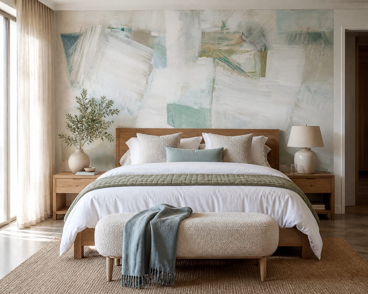 A peaceful guest bedroom with a soft blue and green abstract wallpaper behind a timber bed, paired with white bedding, sage accents, and filtered daylight to create a cool and calming atmosphere.