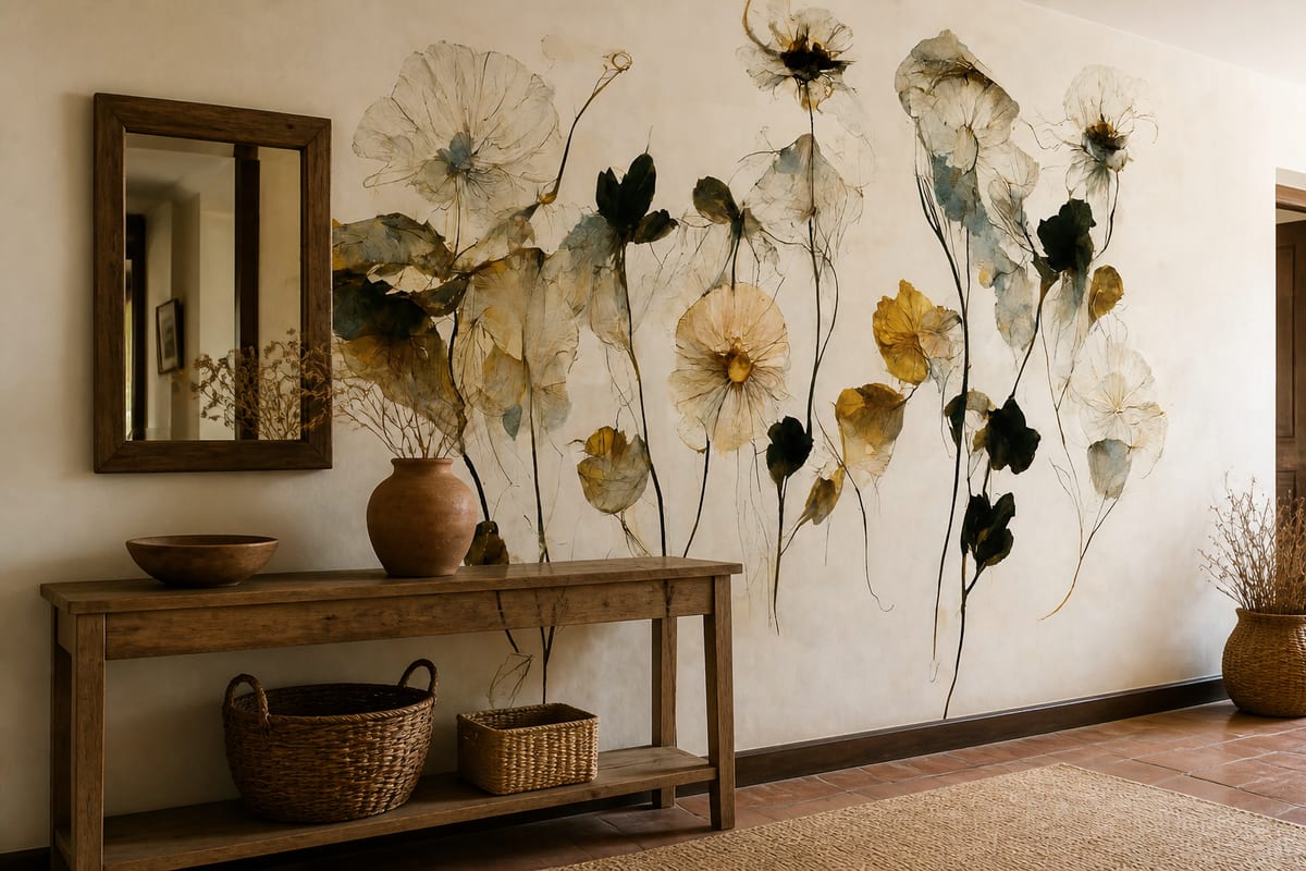 Photorealistic hallway interior featuring Treechild's Beautiful Dry Flowers wallpaper on a long wall, styled with an oak console, woven baskets, dried botanical arrangements, and warm earthy tones for a vintage, autumn-inspired atmosphere.