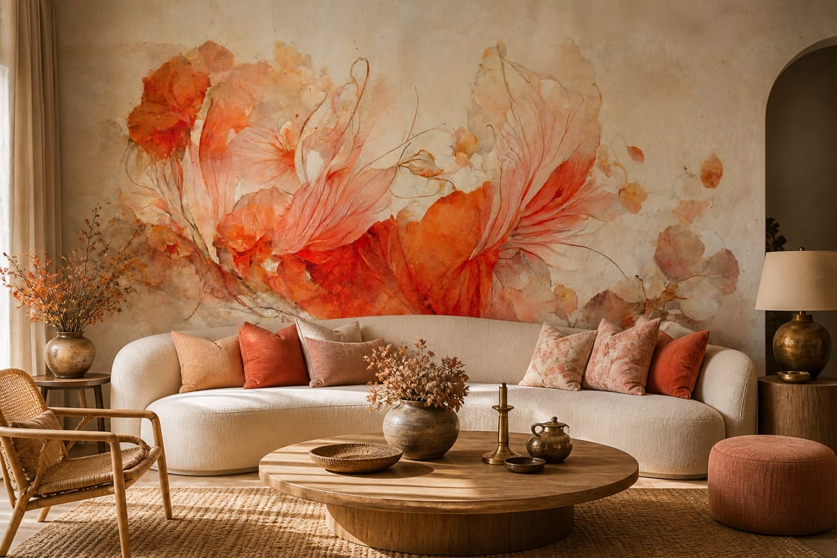 Photorealistic living room mockup showing Treechild's Ethereal Petals wallpaper behind a curved cream sofa, with blush and rust accents, natural textures, and warm country-contemporary styling that brings out the soft painted flowers.