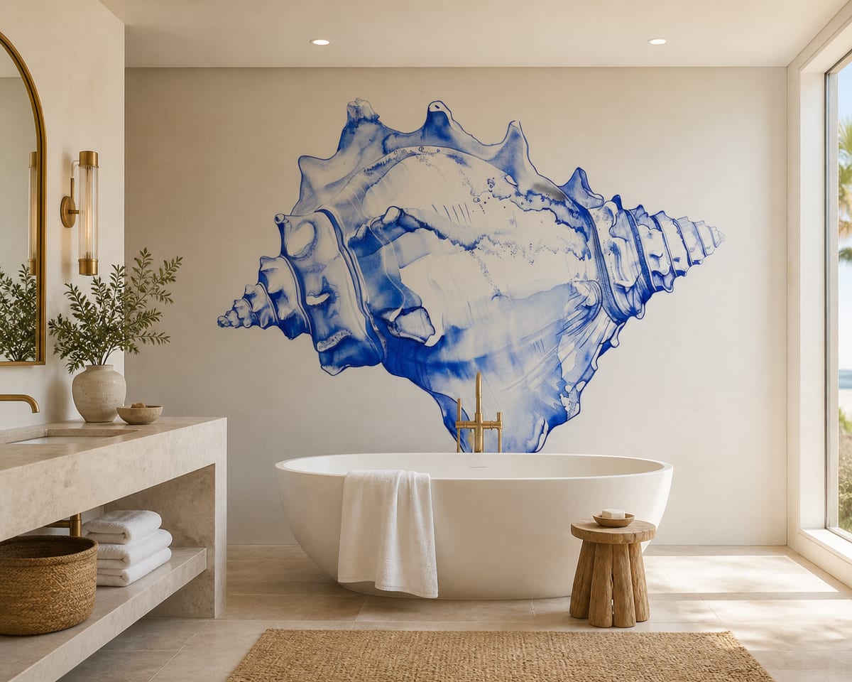 Photorealistic bathroom mockup with Treechild's Blue Conch Harmony wallpaper as a statement wall behind a freestanding tub, styled with pale stone, brass fittings, white towels, and soft daylight for a calm coastal-luxe look.