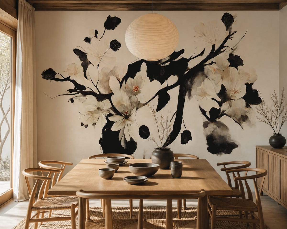 Photorealistic dining room scene with Treechild's Whispers of Blossom wallpaper across the main wall, paired with a minimalist wooden table, sculptural chairs, soft neutral decor, and Japandi styling that highlights the delicate botanical branches.