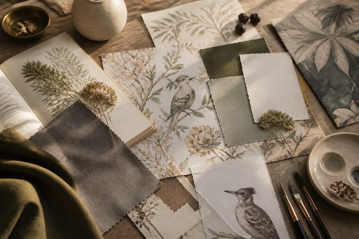 Editorial moodboard with botanical clippings, watercolour materials, fabric swatches, and Treechild-inspired floral wallpaper details arranged on a wooden table in soft natural light.