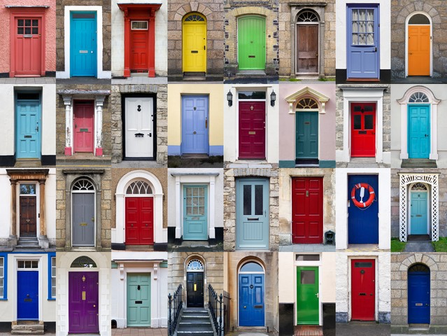 A photo collage of 32 colourful front doors to houses and homes