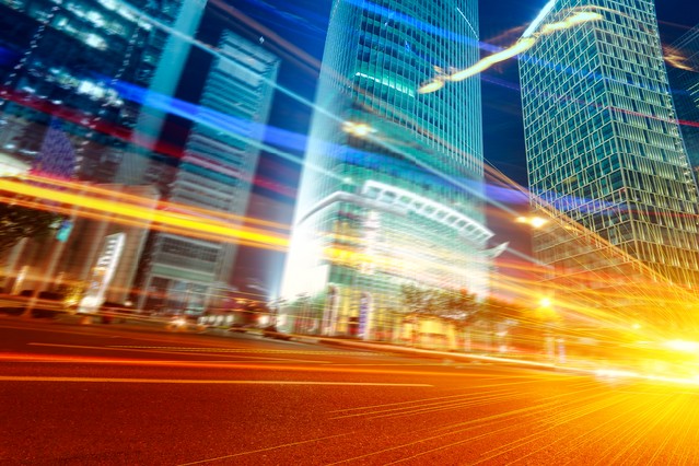 The light trails on the modern building