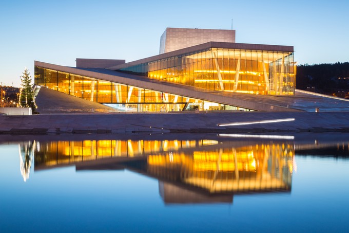 National Oslo Opera House shines at sunrise, Norway