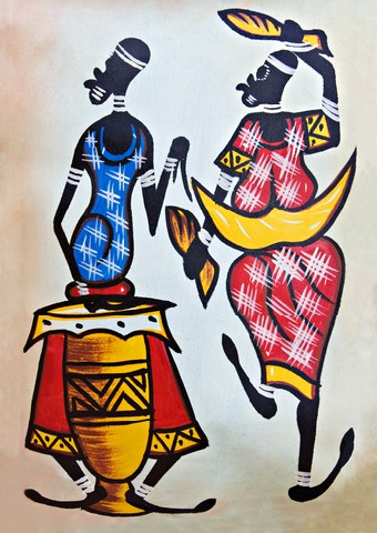 African traditional painting representing a man with a drum and a dancer