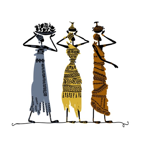 Hand drawn sketch of ethnic women with jugs