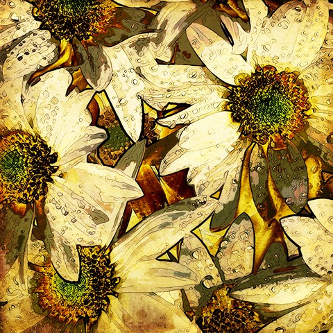 Art floral vintage colorful summer and autumn background with big gold and white chamomiles