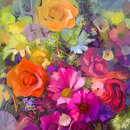 Oil painting a bouquet of rose, daisy and gerbera flowers