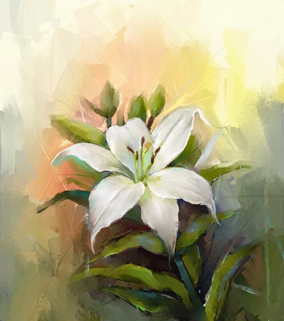 Oil painting still life of White lily flower with green leaf