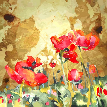Original watercolor poppy flower in gold background