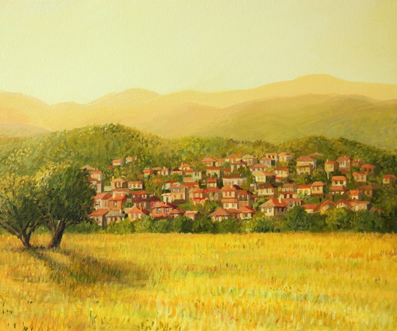 A golden rural sunset scene with a small village hiding on the mountain slopes