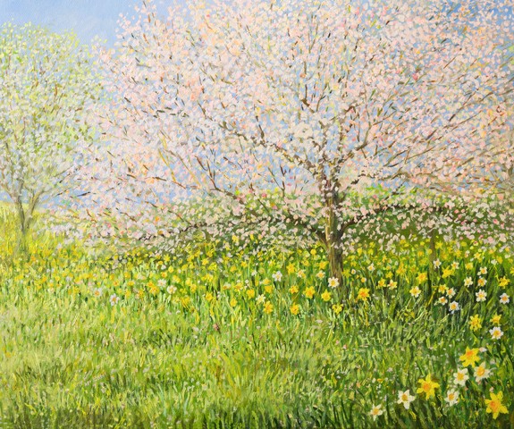 An oil painting on canvas of a springtime natural landscape with blooming trees and colorful meadow full of daffodils