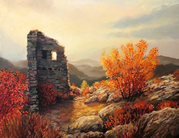 An oil painting on canvas of an old fortress ruins on a mountain top