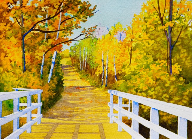 An original watercolor painting inspired by a beautiful, Autumn colored, trail in Northern Saskatchewan