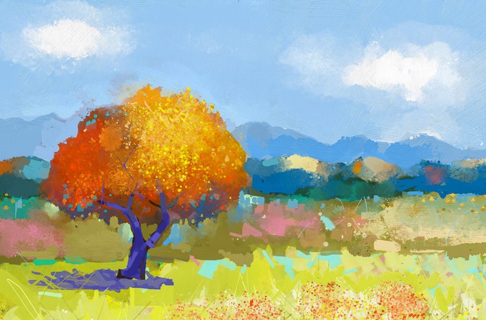 Oil painting colorful rural, country landscape
