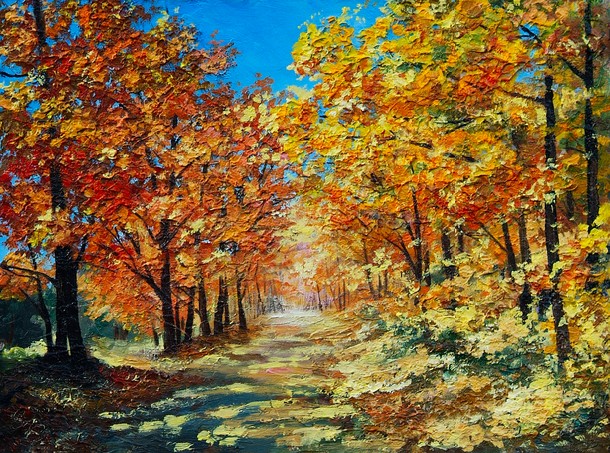 Oil Painting landscape - autumn forest, bright red leaves, blue sky