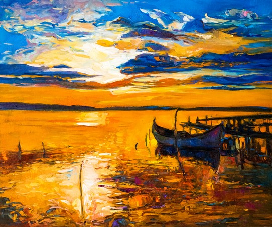 Original oil painting of boats and sunset over ocean