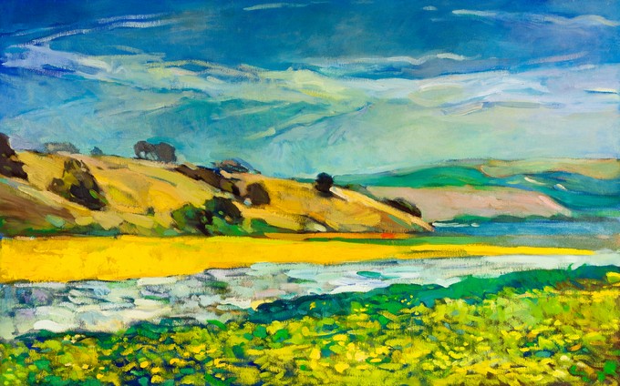 Original oil painting of river coast and cliffs on canvas