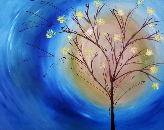 Original oil painting on canvas of a fall tree against blue swirling sky