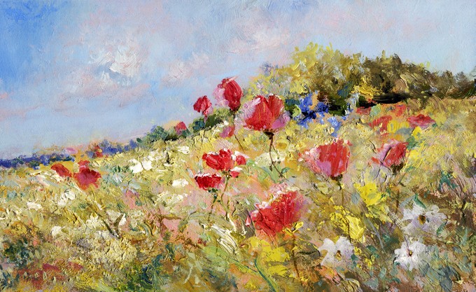 Red poppies painted on a summer meadow