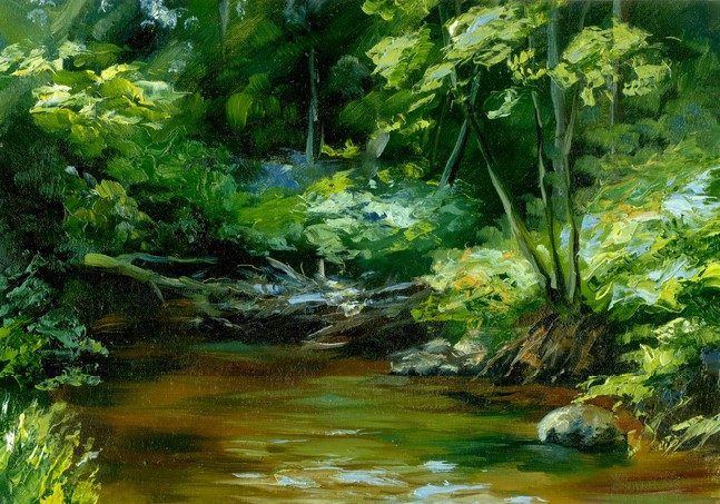 Rivulet in thick forest, oil painting sketch