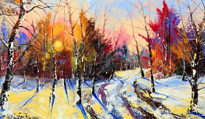 Sunset in winter wood
