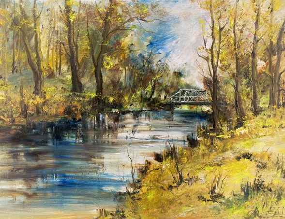 White bridge over the river - oil painting