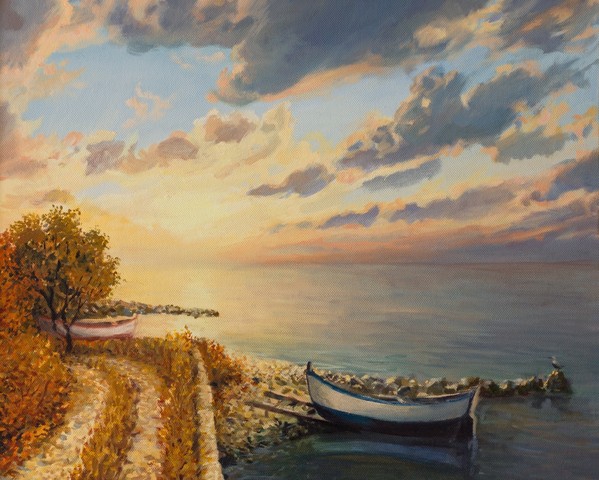 An oil painting on canvas of a romantic colorful sunrise by the sea with a boat floating on a tranquil water surface