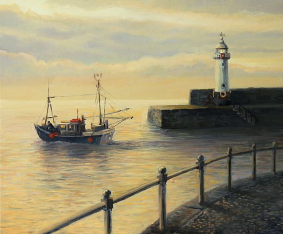 An oil painting on canvas of a sunrise landscape with a fishing boat leaving the port and an old lighthouse