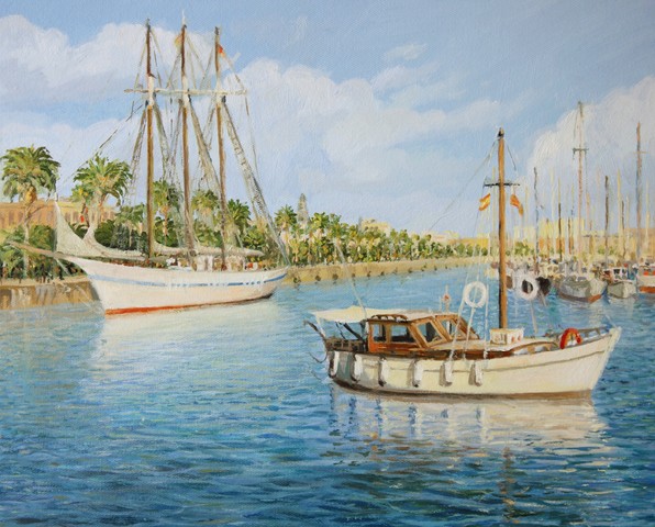 An oil painting on canvas of the old yacht harbor Port Vell in Barcelona