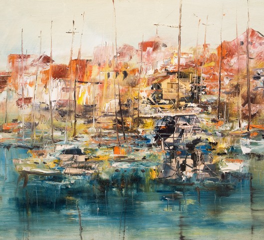 Boats in the harbor, oil painting mixed medial, background