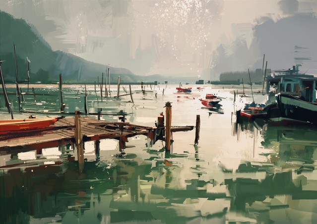 Digital painting showing fishing boats at harbor
