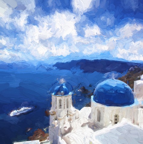 Famous Fira town in Santorini island, Greece - Oil painting